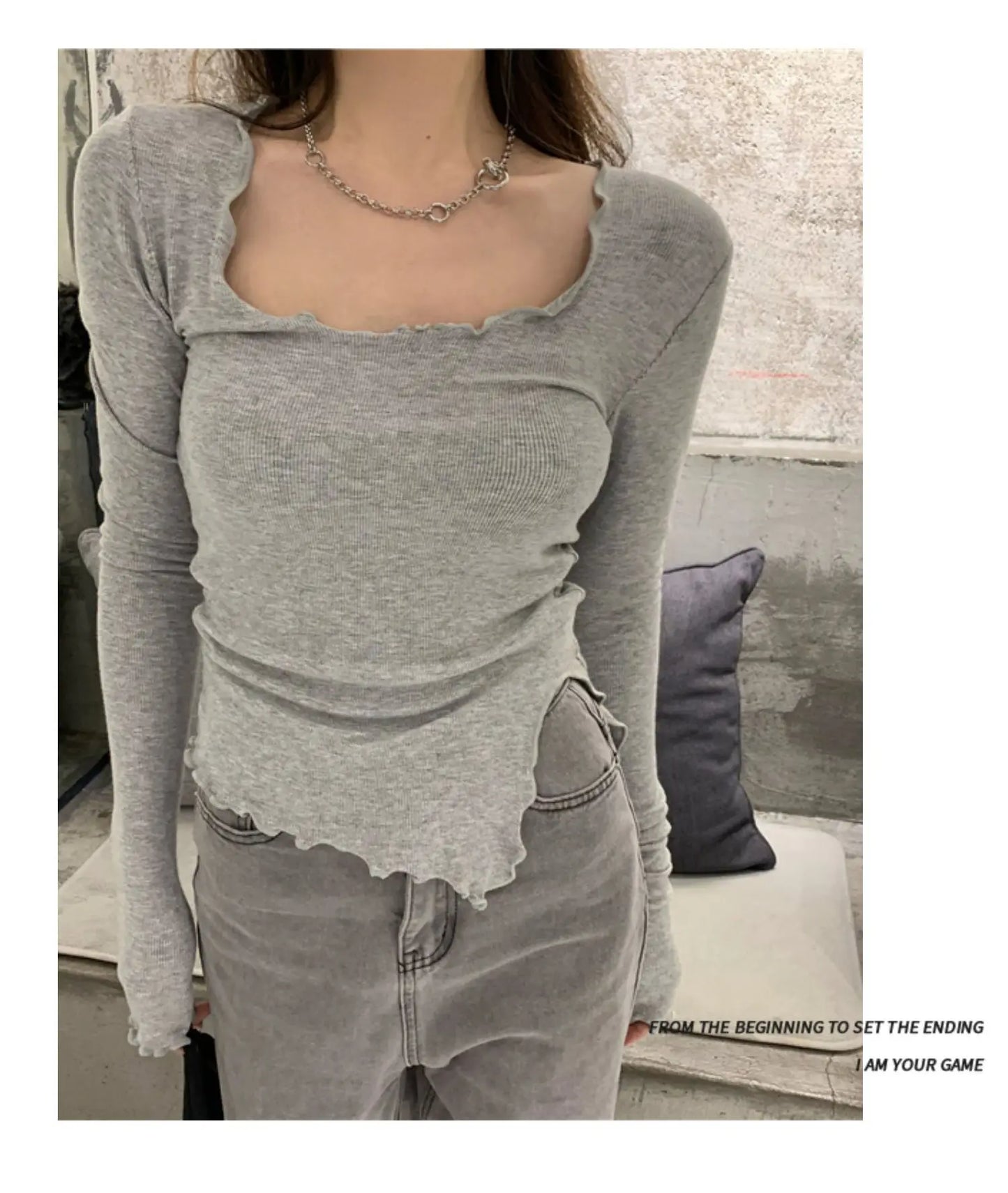 Long Sleeve T-shirts Women Fungus Line Irregular Hem Knitted Slender Autumn Bottoming Tees Chic Fashion Sexy Solid Ulzzang New