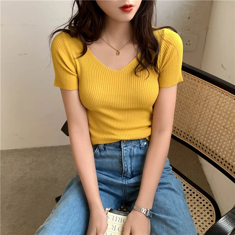 AOSSVIAO 2025 Basic V-neck Solid Thin Summer Pullover Women Female Knitted Ribbed Sweater Slim Short Sleeve Bodycon Sweater