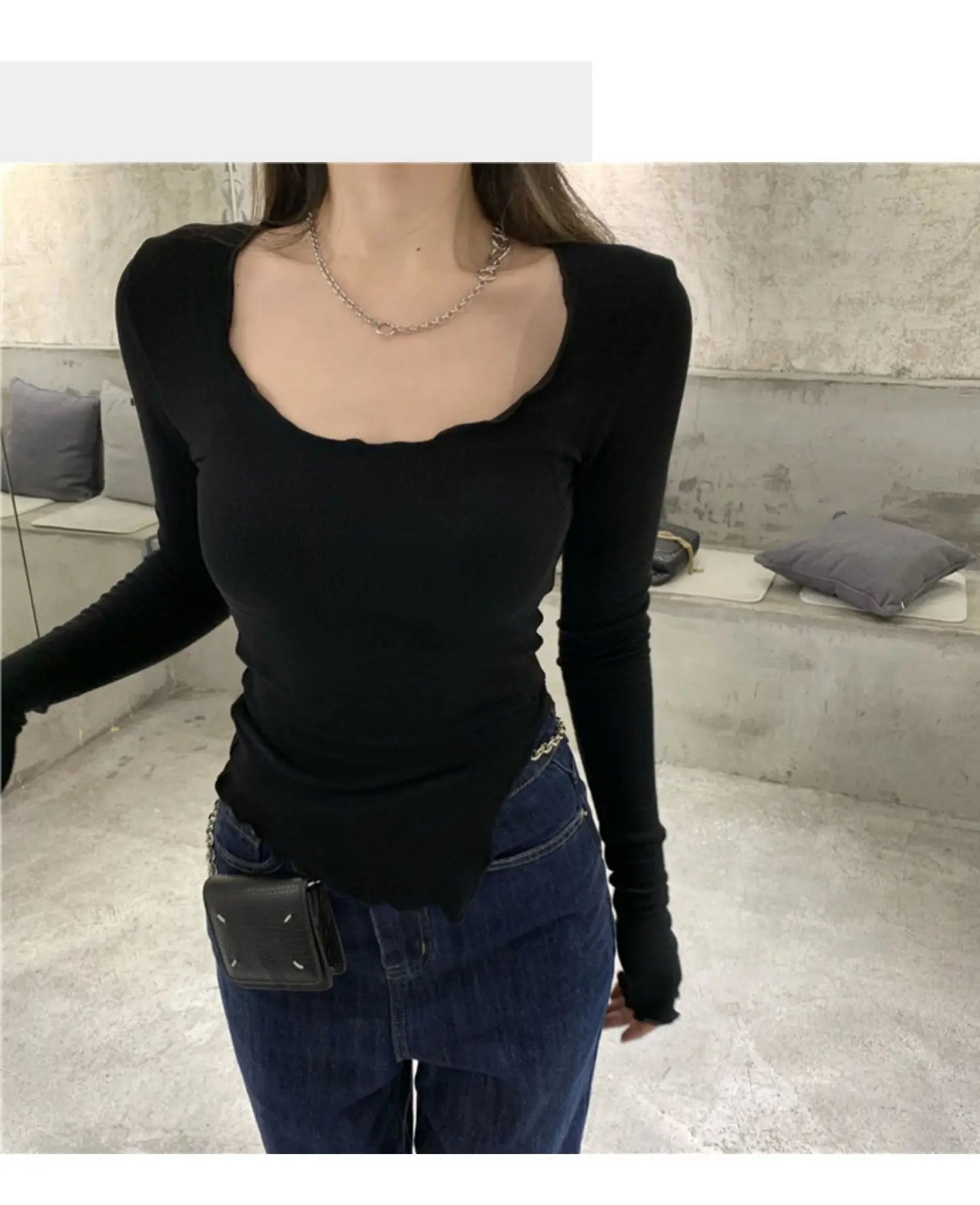 Long Sleeve T-shirts Women Fungus Line Irregular Hem Knitted Slender Autumn Bottoming Tees Chic Fashion Sexy Solid Ulzzang New