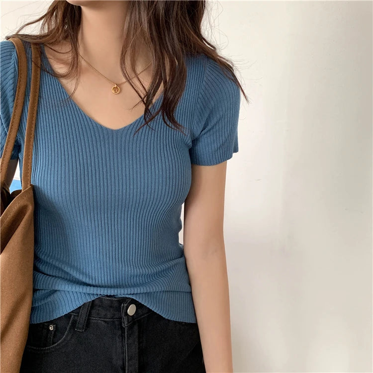 AOSSVIAO 2025 Basic V-neck Solid Thin Summer Pullover Women Female Knitted Ribbed Sweater Slim Short Sleeve Bodycon Sweater