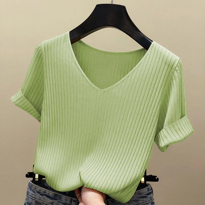 Knitted short sleeve Women V-Neck T Shirts 2025 Blue Slim Black thin knit Orange Tops Ladies Summer Camiseta Summer T shirts
