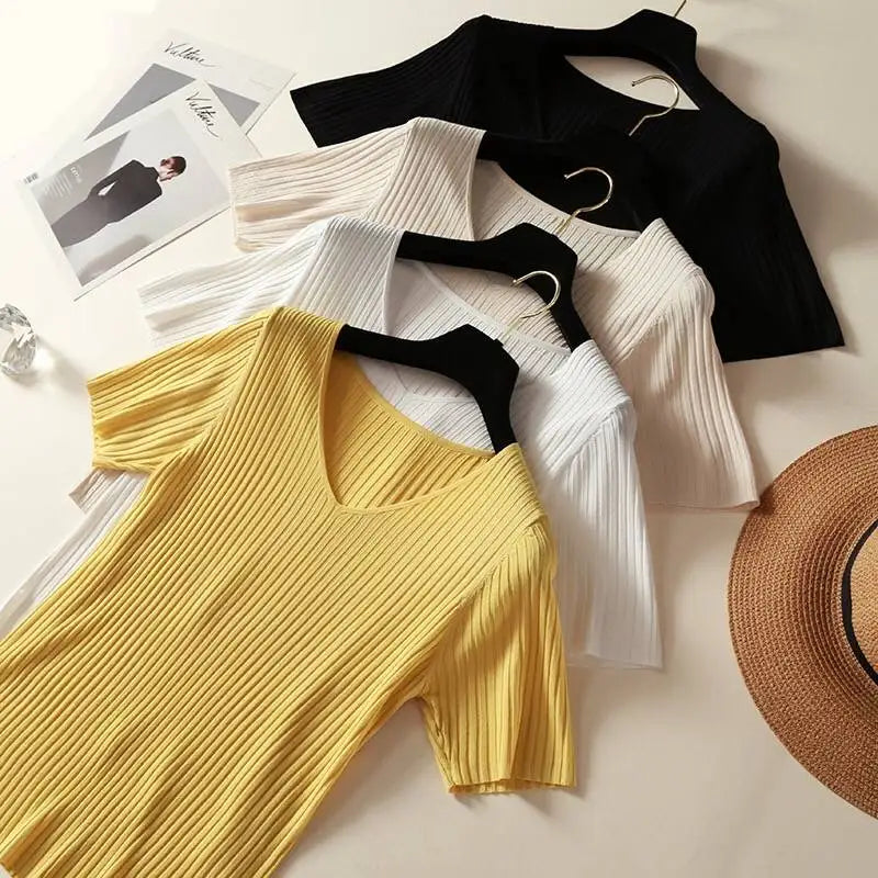 Knitted short sleeve Women V-Neck T Shirts 2025 Blue Slim Black thin knit Orange Tops Ladies Summer Camiseta Summer T shirts