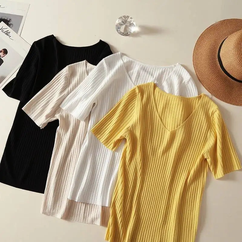 Knitted short sleeve Women V-Neck T Shirts 2025 Blue Slim Black thin knit Orange Tops Ladies Summer Camiseta Summer T shirts