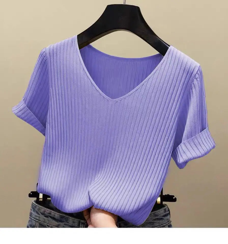 Knitted short sleeve Women V-Neck T Shirts 2025 Blue Slim Black thin knit Orange Tops Ladies Summer Camiseta Summer T shirts