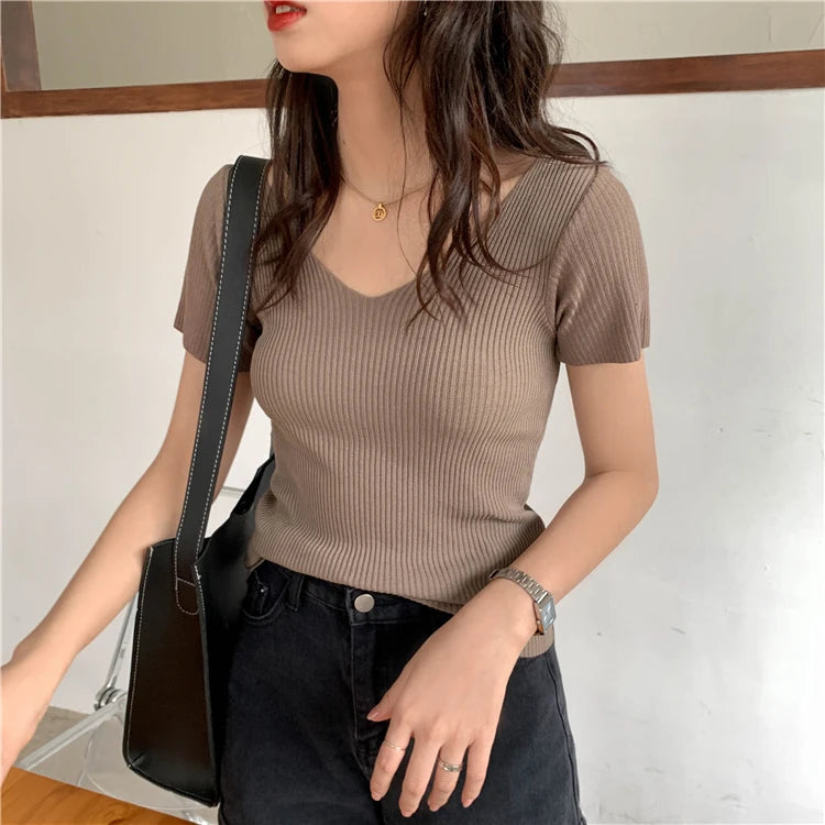 AOSSVIAO 2025 Basic V-neck Solid Thin Summer Pullover Women Female Knitted Ribbed Sweater Slim Short Sleeve Bodycon Sweater