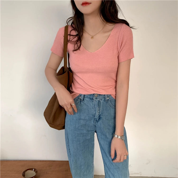 AOSSVIAO 2025 Basic V-neck Solid Thin Summer Pullover Women Female Knitted Ribbed Sweater Slim Short Sleeve Bodycon Sweater
