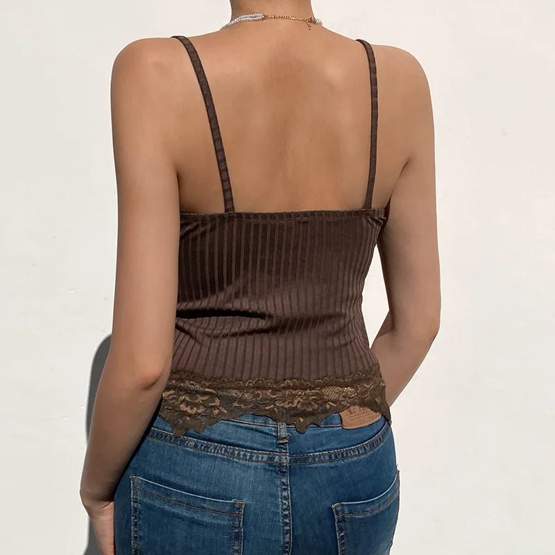Gothic Basic Bodycon Women Camis Grunge Punk Black Casual Lace Trim Crop Tops Ribbed Backless Alt Clothes Summer