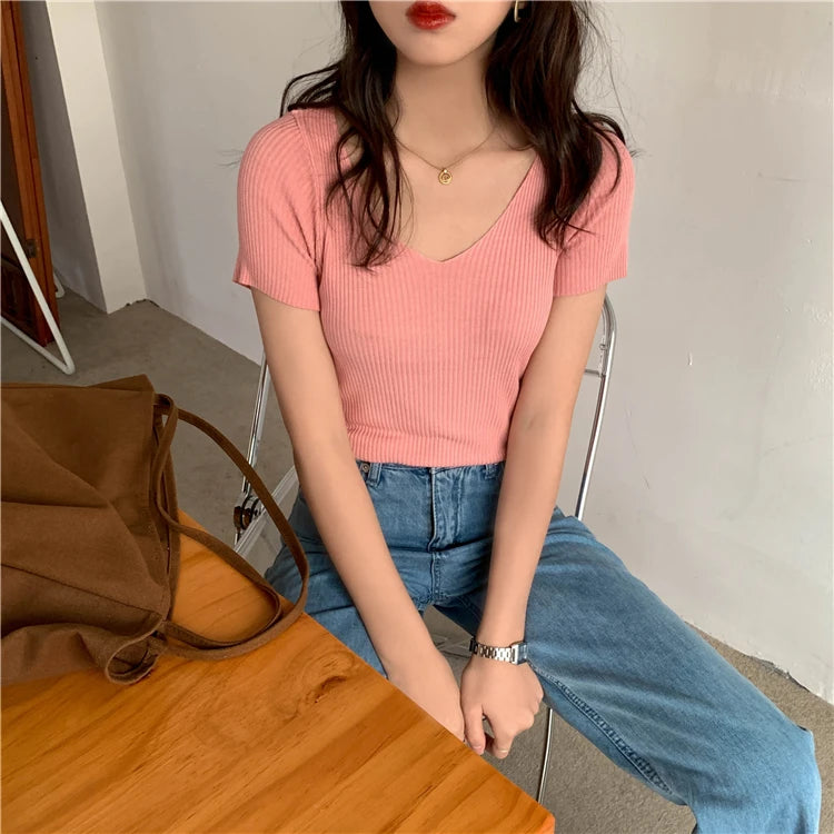 AOSSVIAO 2025 Basic V-neck Solid Thin Summer Pullover Women Female Knitted Ribbed Sweater Slim Short Sleeve Bodycon Sweater