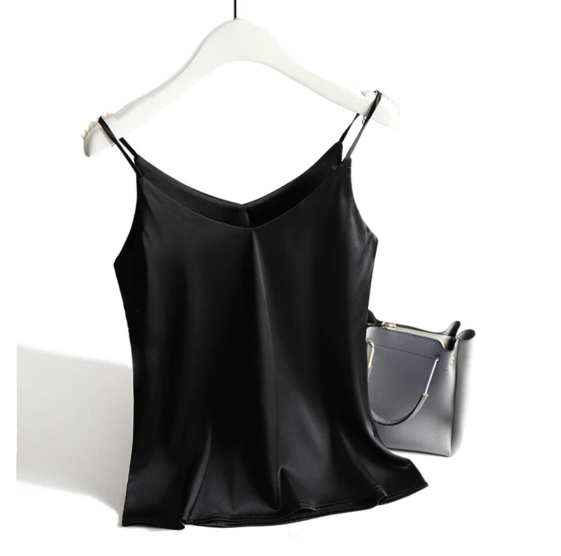AOSSVIAO 2025 Spaghetti Strap Top Women Halter V Neck Basic White Cami Sleeveless Satin Silk Tank Tops Women'S Summer Camisole