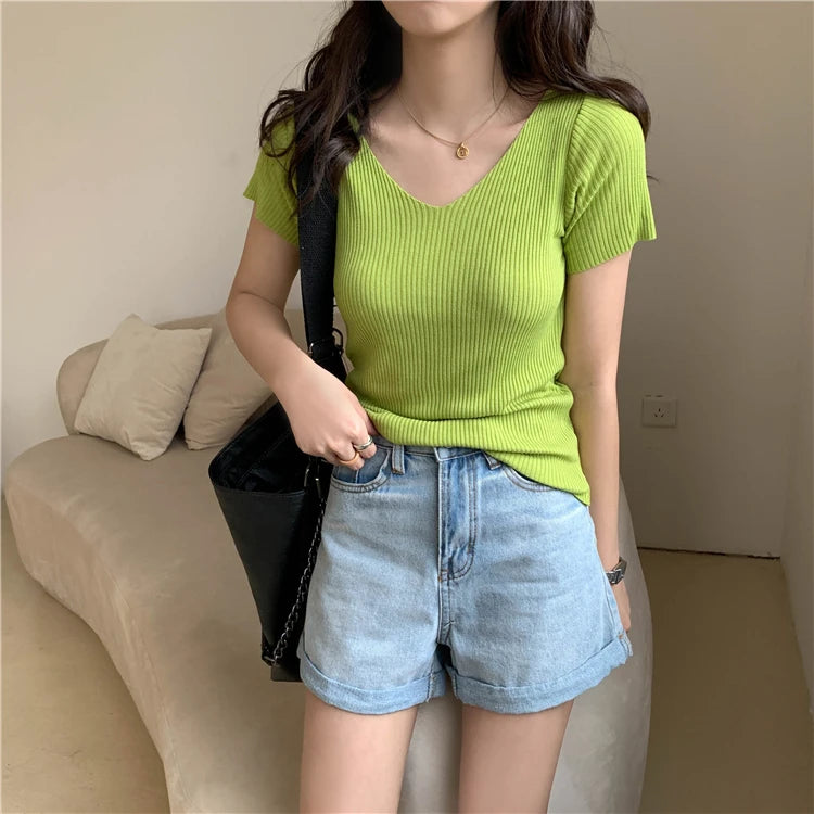 AOSSVIAO 2025 Basic V-neck Solid Thin Summer Pullover Women Female Knitted Ribbed Sweater Slim Short Sleeve Bodycon Sweater