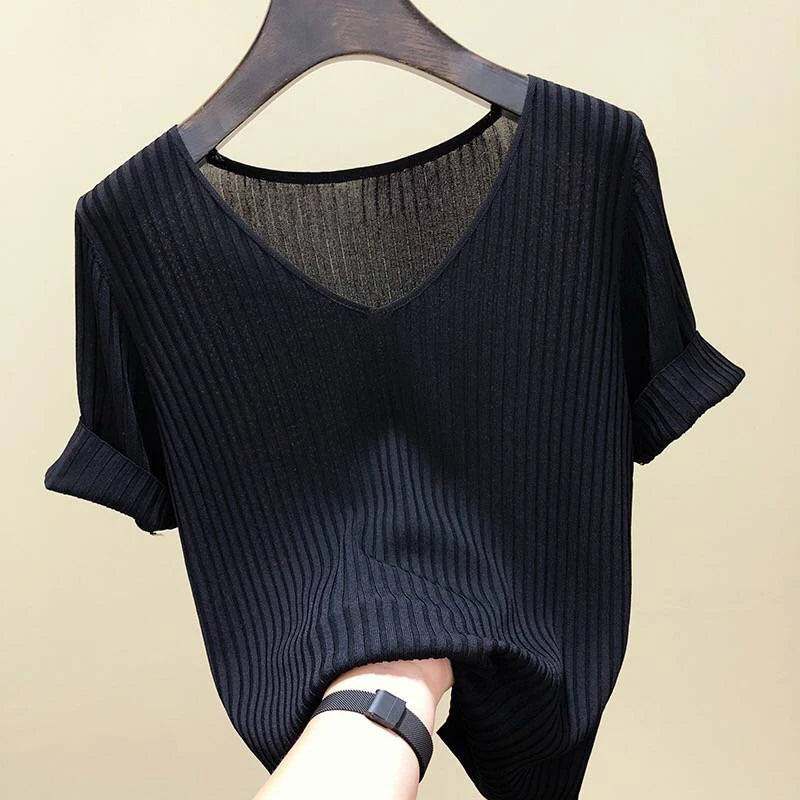 Knitted short sleeve Women V-Neck T Shirts 2025 Blue Slim Black thin knit Orange Tops Ladies Summer Camiseta Summer T shirts