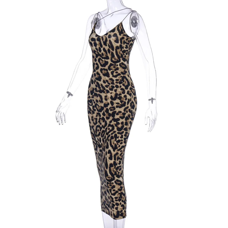 leopard print sleeveless V-neck sexy midi dress spring women fashion streetwear Christmas party outfits