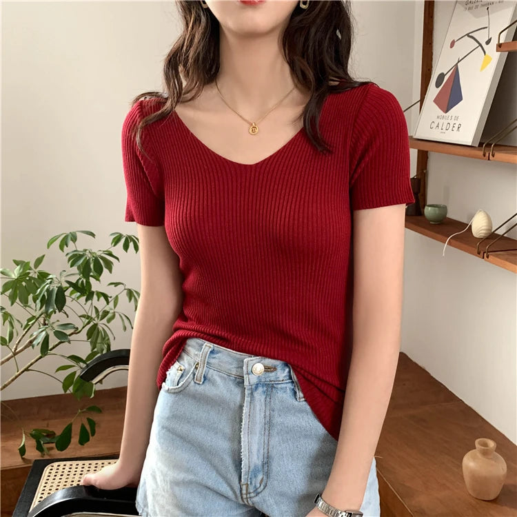 AOSSVIAO 2025 Basic V-neck Solid Thin Summer Pullover Women Female Knitted Ribbed Sweater Slim Short Sleeve Bodycon Sweater