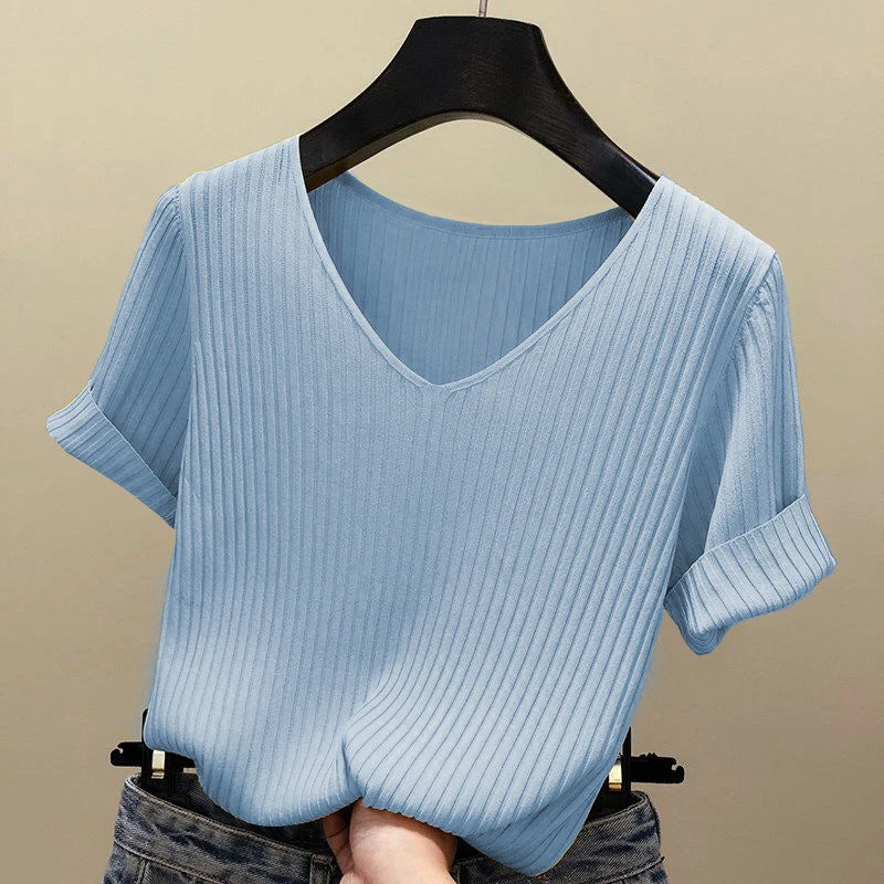 Knitted short sleeve Women V-Neck T Shirts 2025 Blue Slim Black thin knit Orange Tops Ladies Summer Camiseta Summer T shirts