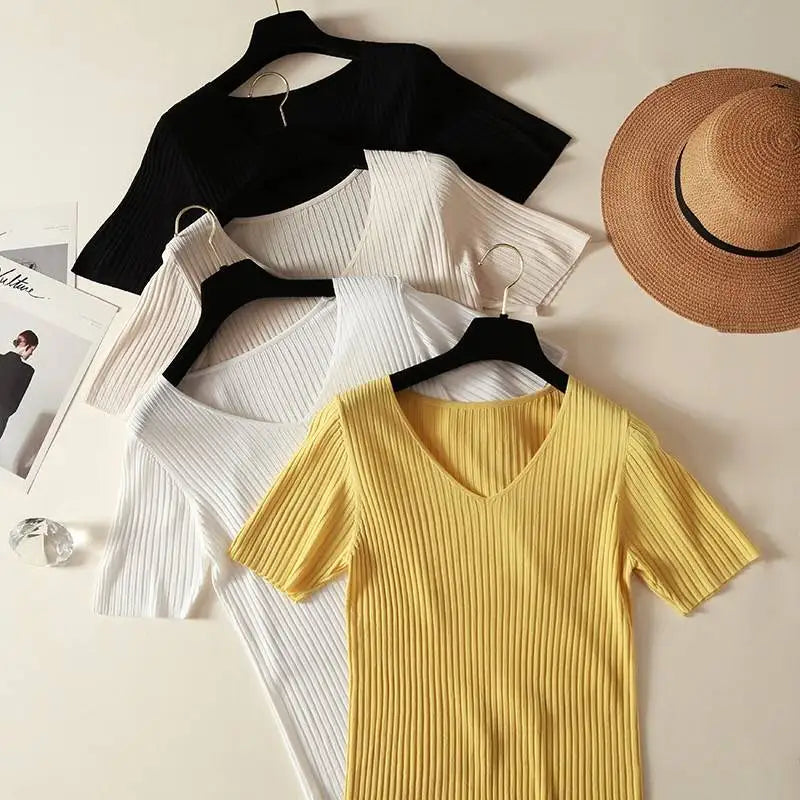 Knitted short sleeve Women V-Neck T Shirts 2025 Blue Slim Black thin knit Orange Tops Ladies Summer Camiseta Summer T shirts