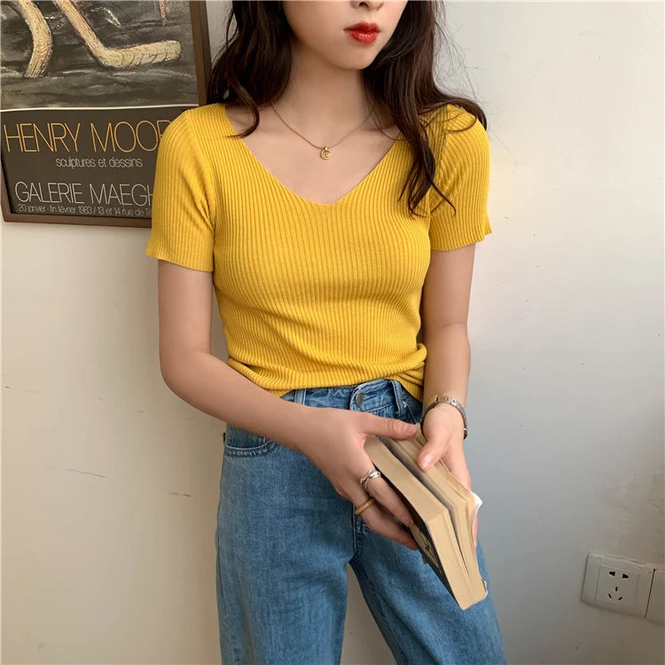 AOSSVIAO 2025 Basic V-neck Solid Thin Summer Pullover Women Female Knitted Ribbed Sweater Slim Short Sleeve Bodycon Sweater