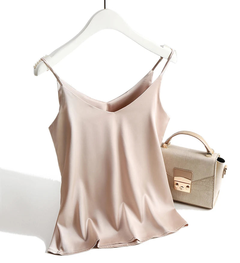 AOSSVIAO 2025 Spaghetti Strap Top Women Halter V Neck Basic White Cami Sleeveless Satin Silk Tank Tops Women'S Summer Camisole