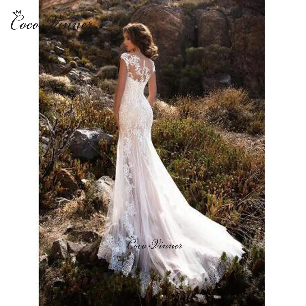 Customized Lace Mermaid Wedding Dresses 2025 Europe Short Sleeves Lace Appliques Illusion Bohemia Wedding Dress For Woman W0484