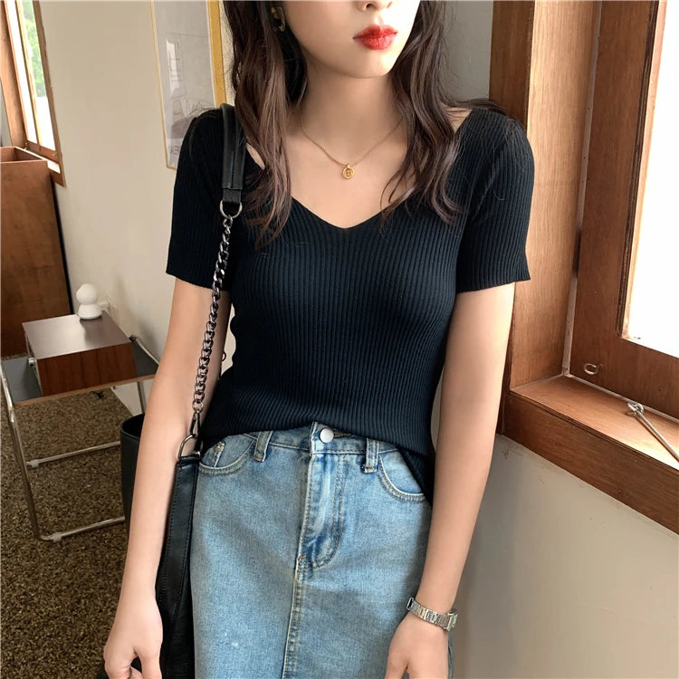 AOSSVIAO 2025 Basic V-neck Solid Thin Summer Pullover Women Female Knitted Ribbed Sweater Slim Short Sleeve Bodycon Sweater