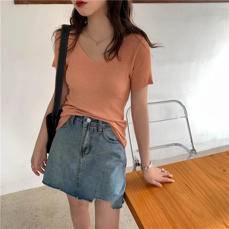 AOSSVIAO 2025 Basic V-neck Solid Thin Summer Pullover Women Female Knitted Ribbed Sweater Slim Short Sleeve Bodycon Sweater
