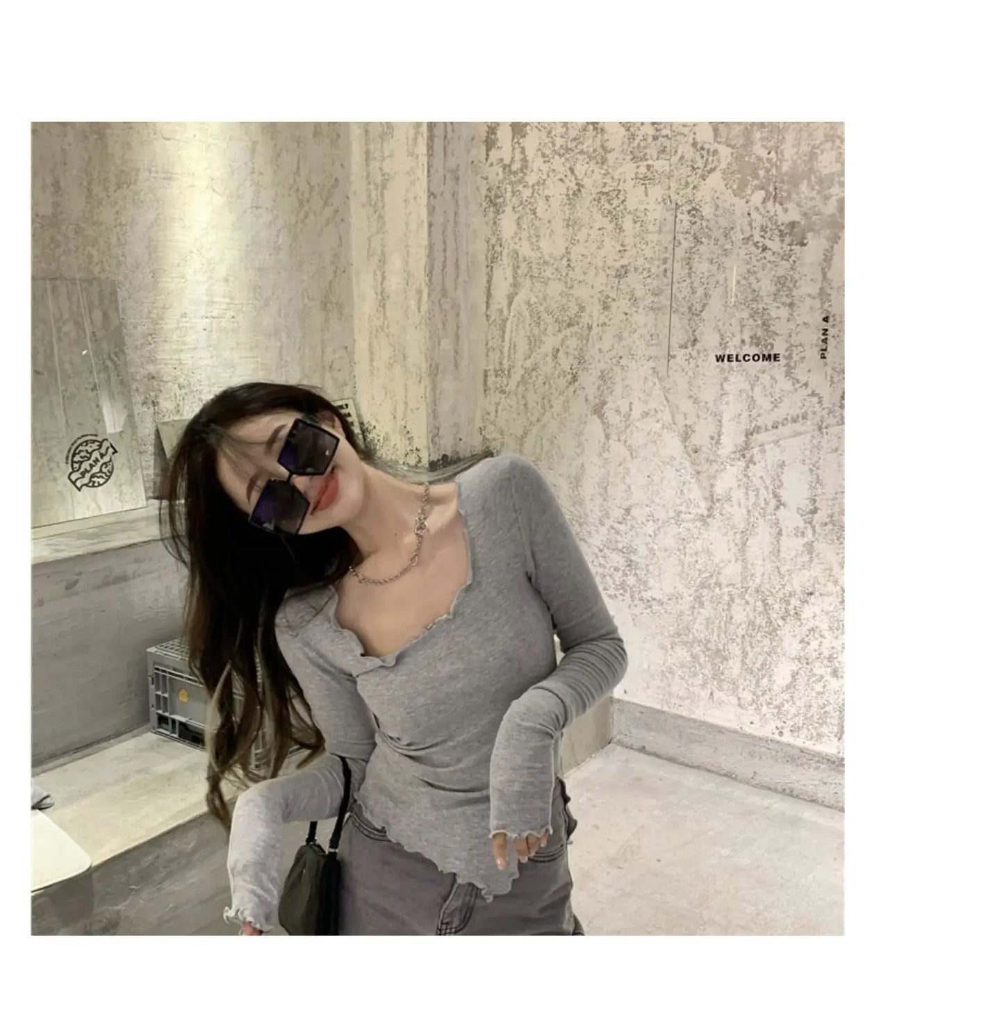 Long Sleeve T-shirts Women Fungus Line Irregular Hem Knitted Slender Autumn Bottoming Tees Chic Fashion Sexy Solid Ulzzang New