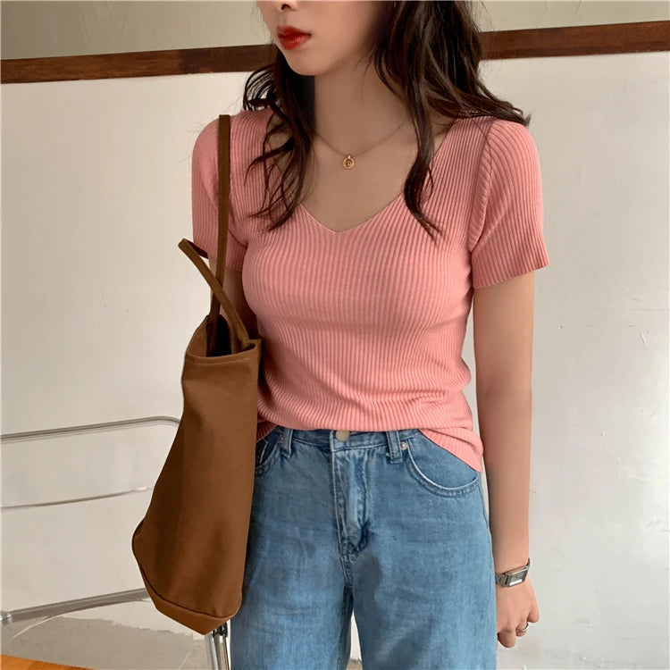 AOSSVIAO 2025 Basic V-neck Solid Thin Summer Pullover Women Female Knitted Ribbed Sweater Slim Short Sleeve Bodycon Sweater