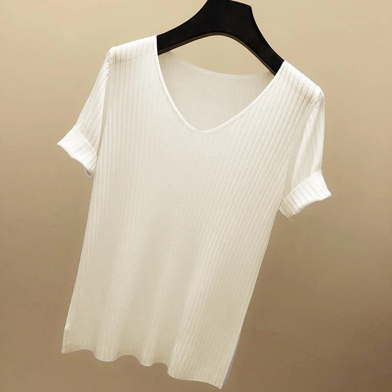 Knitted short sleeve Women V-Neck T Shirts 2025 Blue Slim Black thin knit Orange Tops Ladies Summer Camiseta Summer T shirts