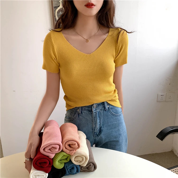 AOSSVIAO 2025 Basic V-neck Solid Thin Summer Pullover Women Female Knitted Ribbed Sweater Slim Short Sleeve Bodycon Sweater