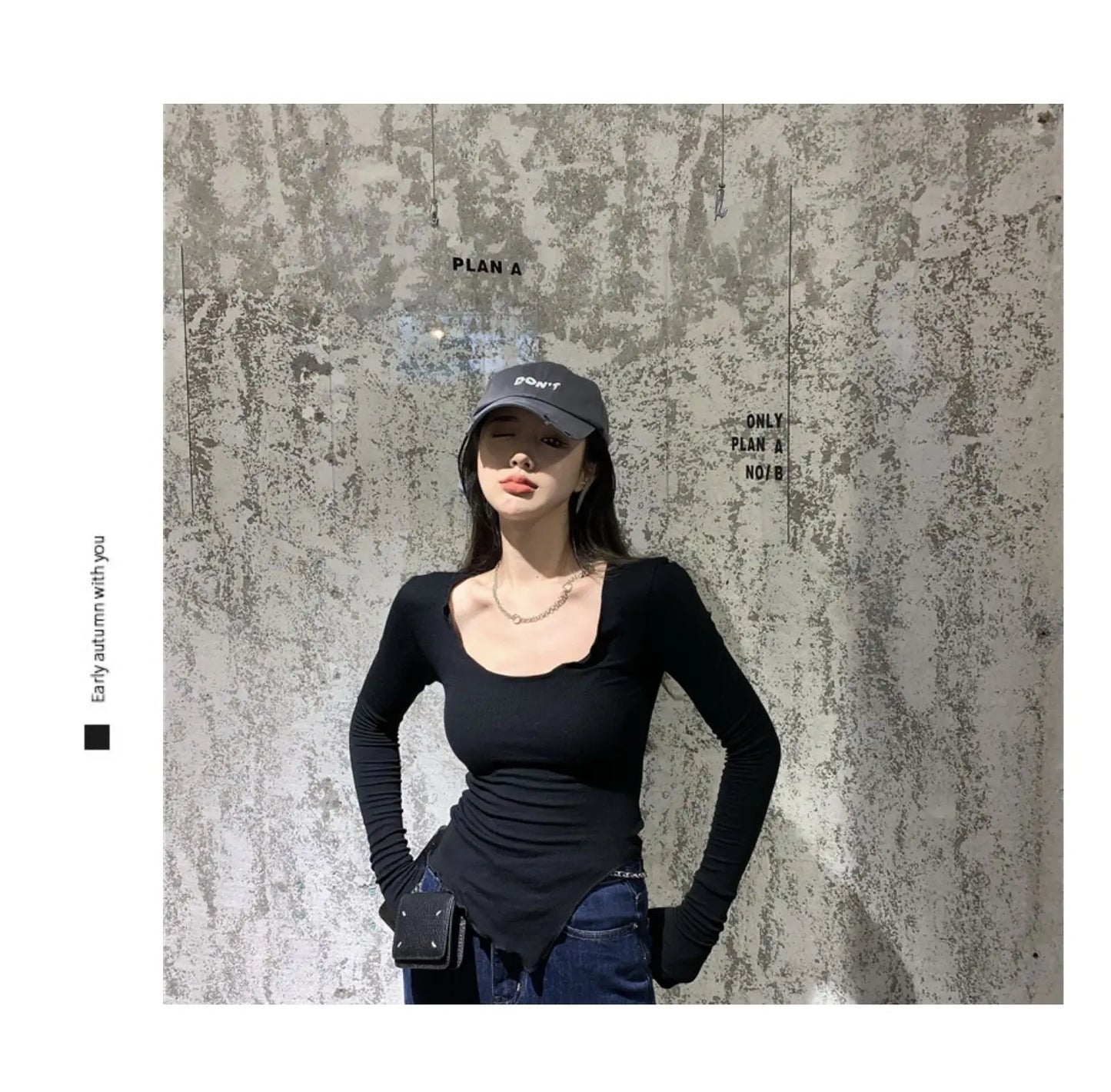 Long Sleeve T-shirts Women Fungus Line Irregular Hem Knitted Slender Autumn Bottoming Tees Chic Fashion Sexy Solid Ulzzang New