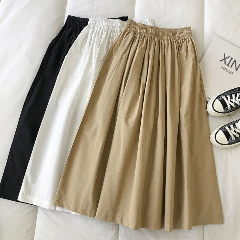 Women White Long Skirt Fashion Pockets Pleated Knee Length Skirts Autumn 2024 New Casual Elegant High Waist A Line Femme Skirts