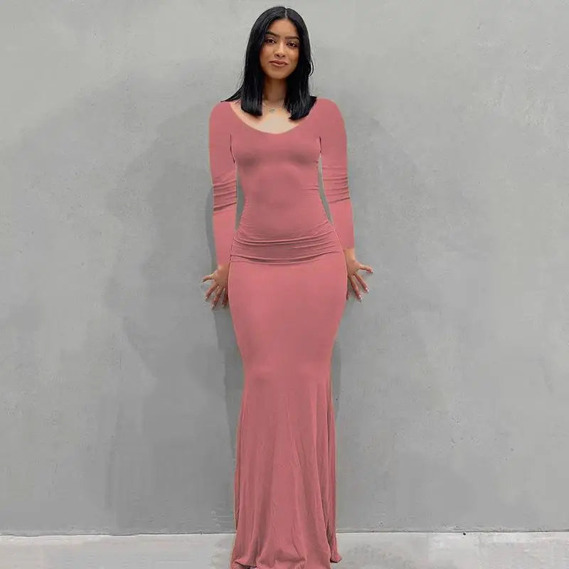 2025 Autumn Long Sleeve Dresses For Women Sexy V Neck Bodycon Solid Elegant Long Dress Y2k Skinny Trumpet Maxi Vestidos
