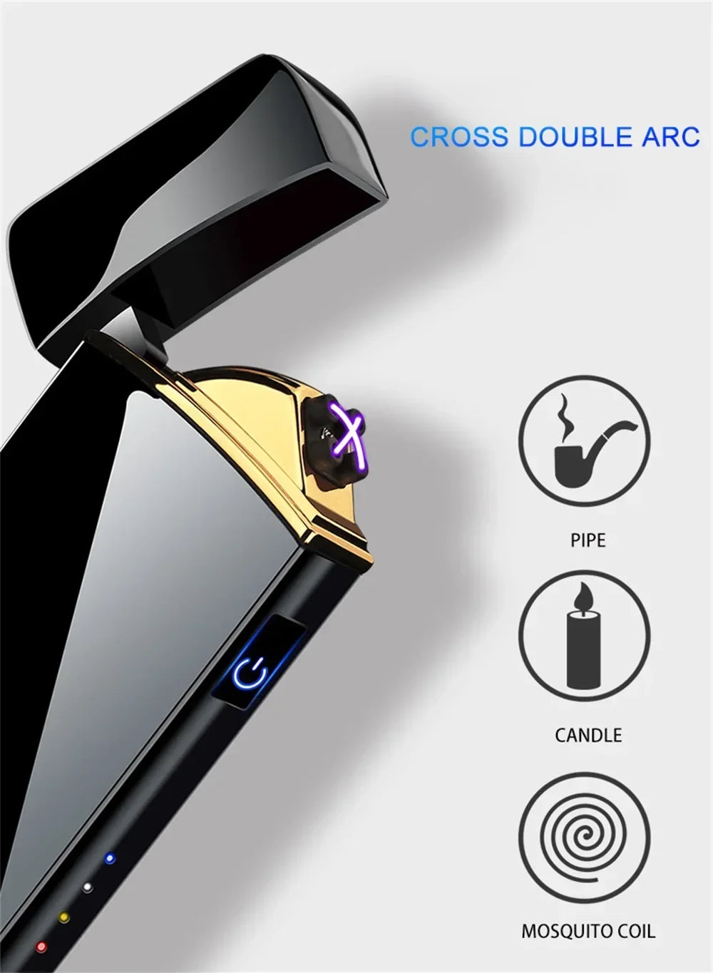 2024 New Windproof Electric Metal Lighter Double Arc Flameless Plasma Lighter USB Rechargeable LED Power Display Touch Sensor