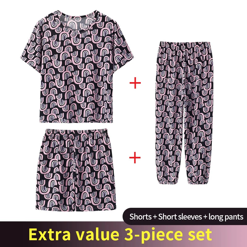 3 Piece Children's Summer Short-sleeved Pants And Shorts Three-piece Boy And Girl Comfortable Thin Air-conditioned Pajamas Set