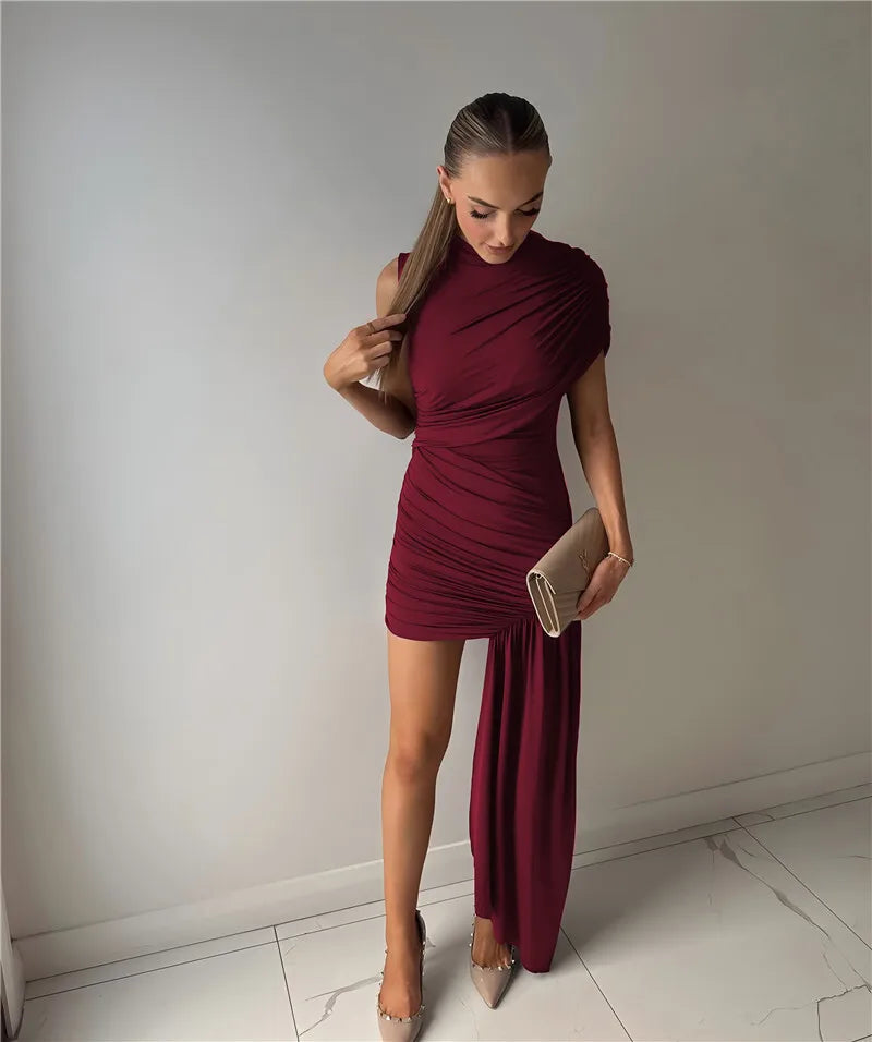 Balitops Summer Draped Ruched Sexy Mini Dress Women 2025 New Irregular High Waist Slim Fit Dress Female Elegant Club Tank Dress