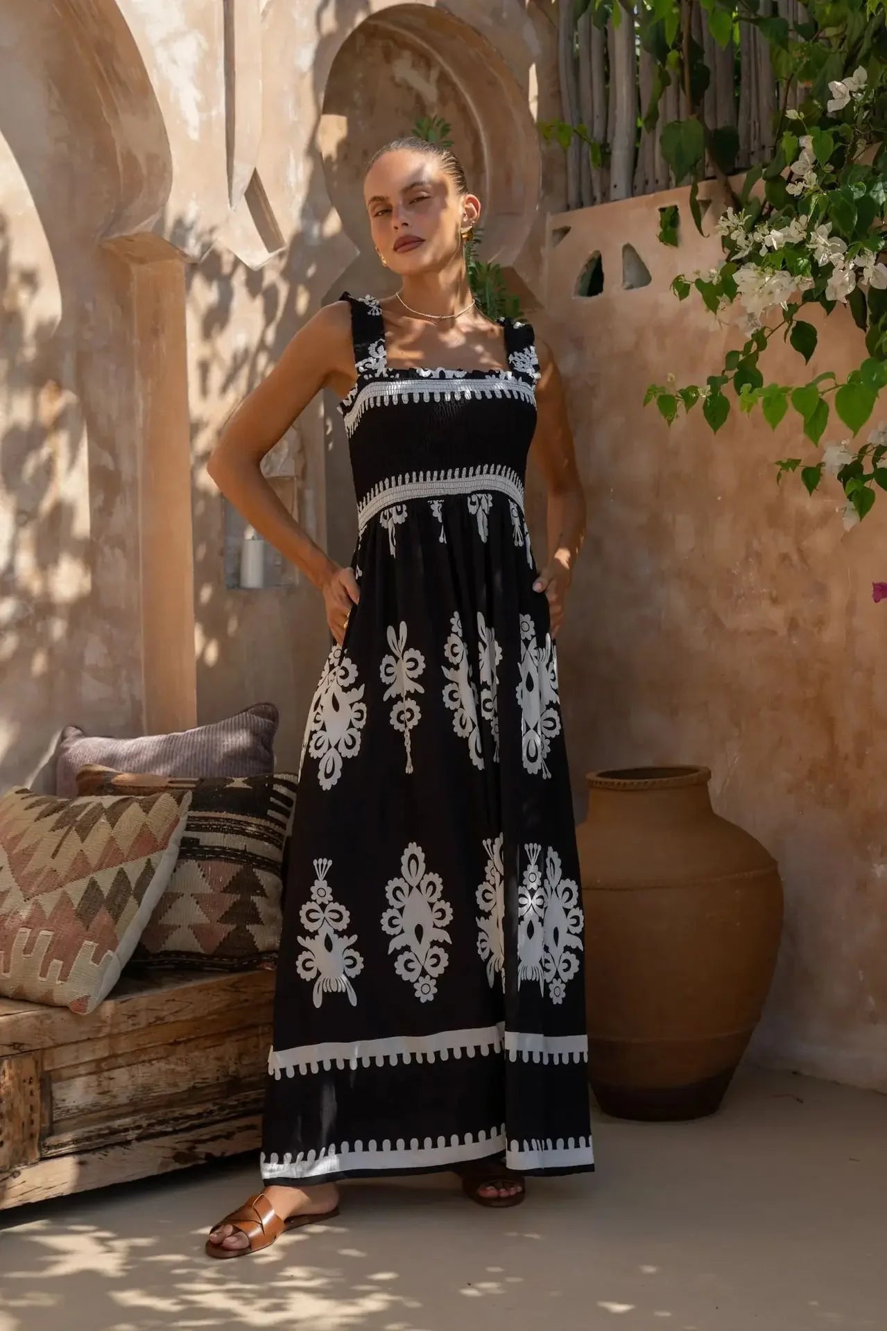 2025 Summer Fashion New Women's Bohemian Style Dress Beach Vacation Printed Strap Fold A-line Length Dress