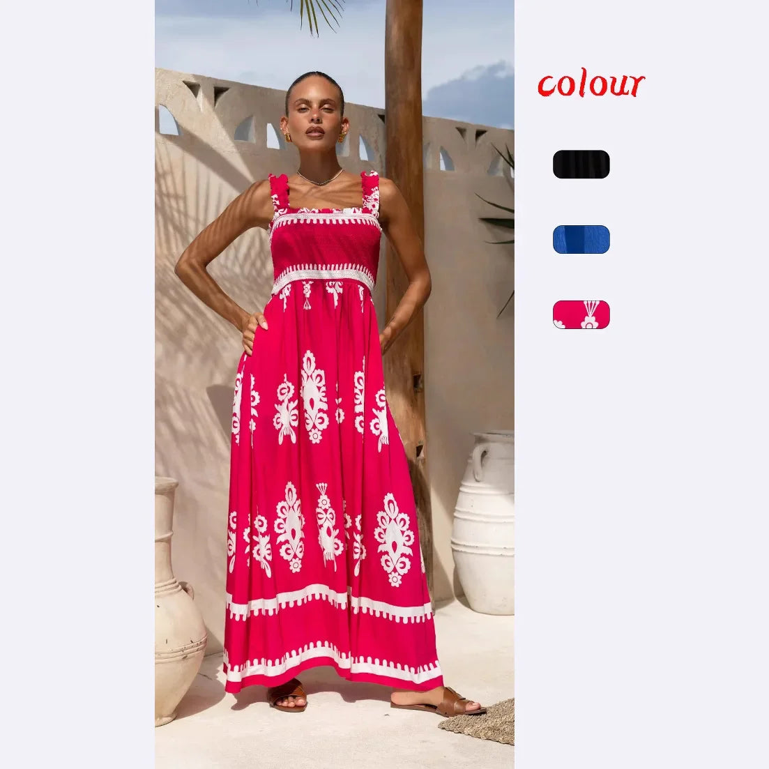 2025 Summer Fashion New Women's Bohemian Style Dress Beach Vacation Printed Strap Fold A-line Length Dress