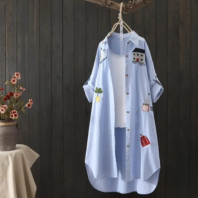 Women Cotton Embroidery Loose Long White Shirts 2025 Spring Autumn New Casual Office Lady Blouse Female Top Loose shirt