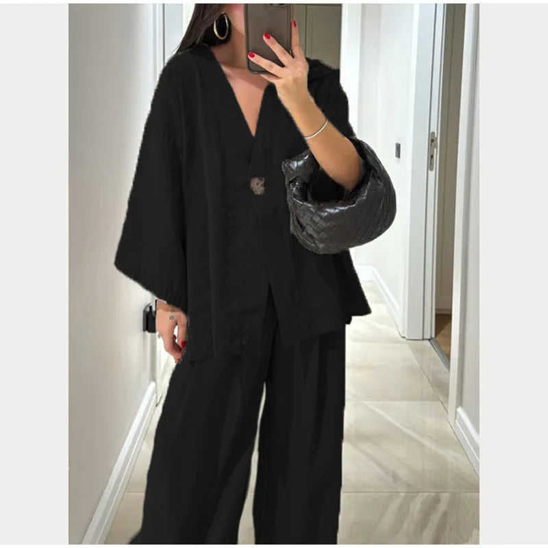 Women Classic Solid Wide Leg Pants Suits Summer Fashion V-neck One Button Loose Blouse Sets Casual Female Daily Streetwear 2025