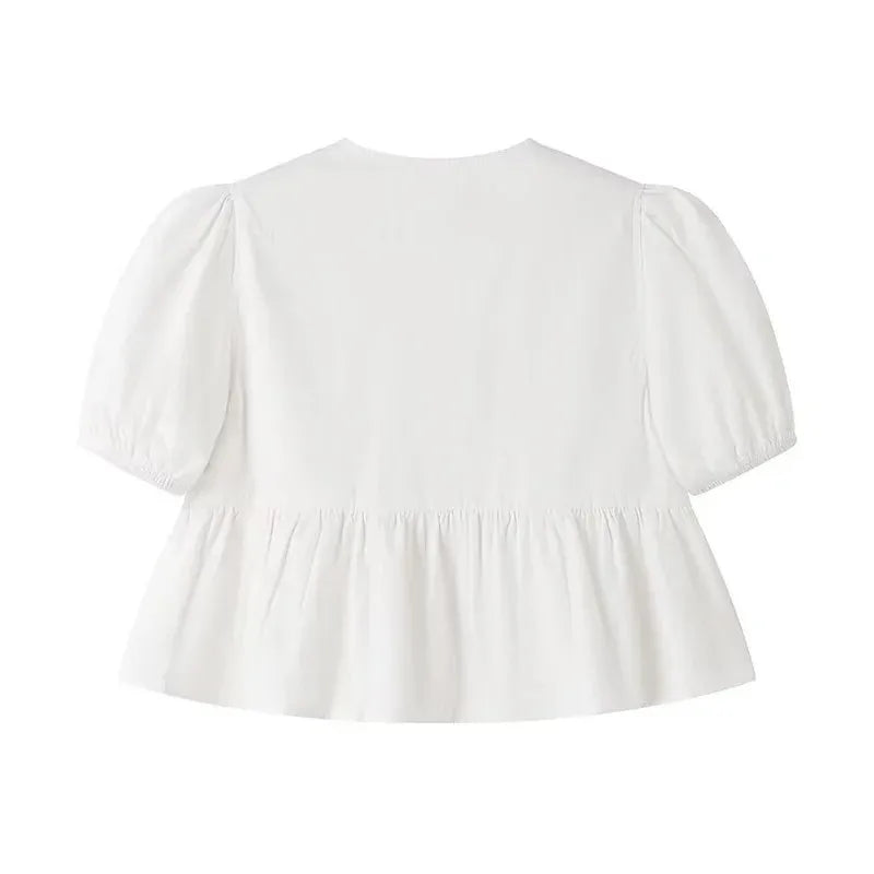 TRAF Leopard Print Crop Top Women Puff Sleeve Ruffle Blouses Woman 2024 Summer Shirts and Blouses for Women Ruched Ladies Tops