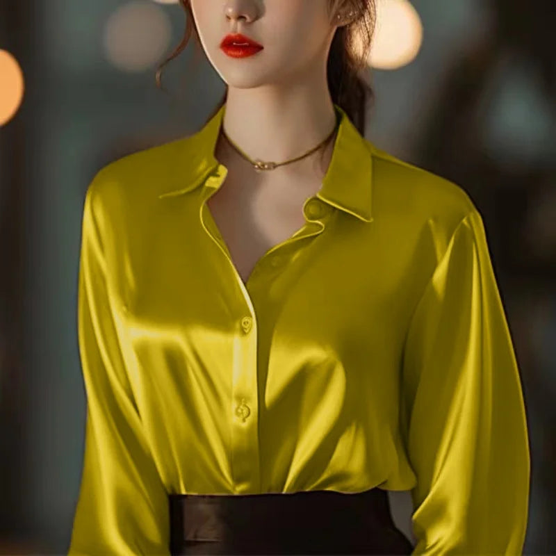 Solid Color Elegant Office Lady's Satin Shirt All-Match Trendy Women Shirts And Blouses Basic Chic Top Autumn French Chic Shirt