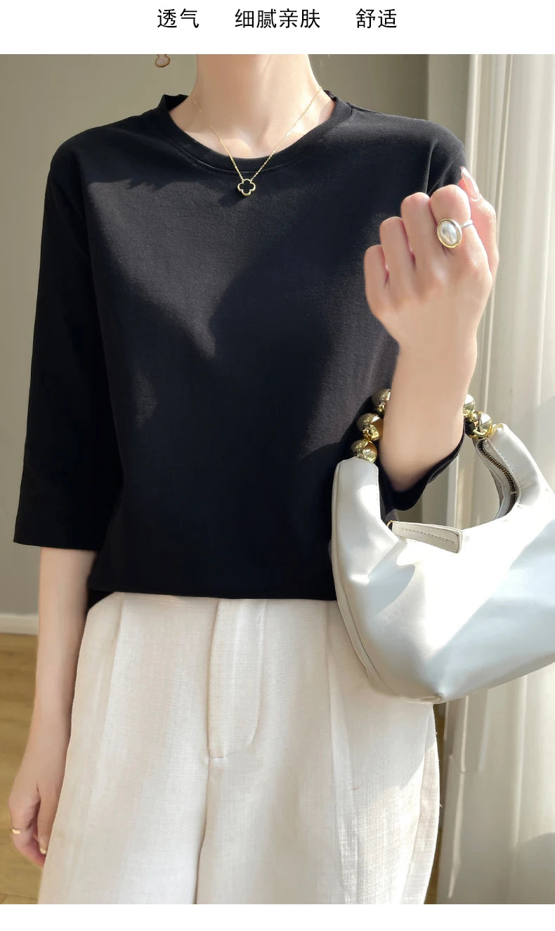 Spring And Summer New White Mercerized Cotton Short Sleeve T-Shirt Feminine Joker Cotton Cropped Sleeve Bottoming Shirt
