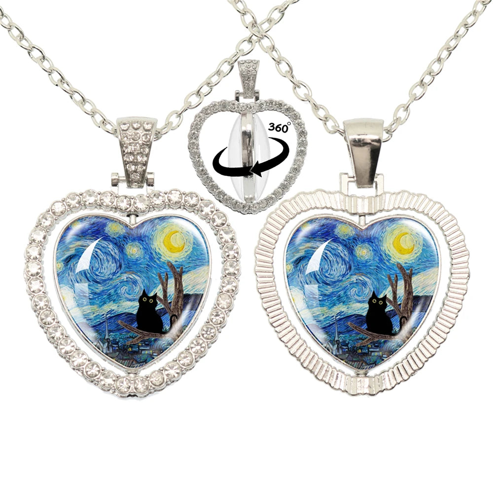 Lovely Little Cat Glass Cabochon 360 Degree Rotating Heart Shaped Pendant With Double-Sided Necklace For Girls' Birthday Gift Je