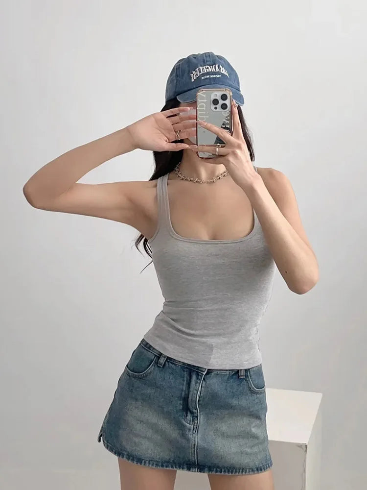 Women Scuplted Square Neck Tank Top