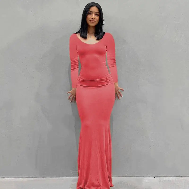 2025 Autumn Long Sleeve Dresses For Women Sexy V Neck Bodycon Solid Elegant Long Dress Y2k Skinny Trumpet Maxi Vestidos