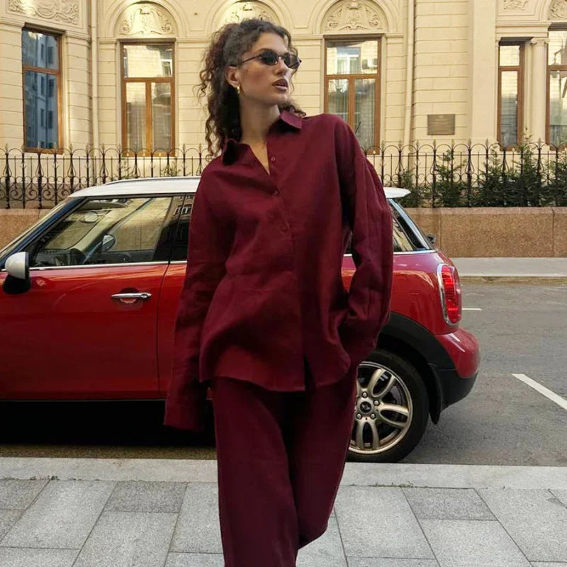 Classic Solid Shirt Pants Set Women Casual Loose Long Sleeved Lapel Elastic Waist Two Piece Suit 2025 New Summer Street Outfit