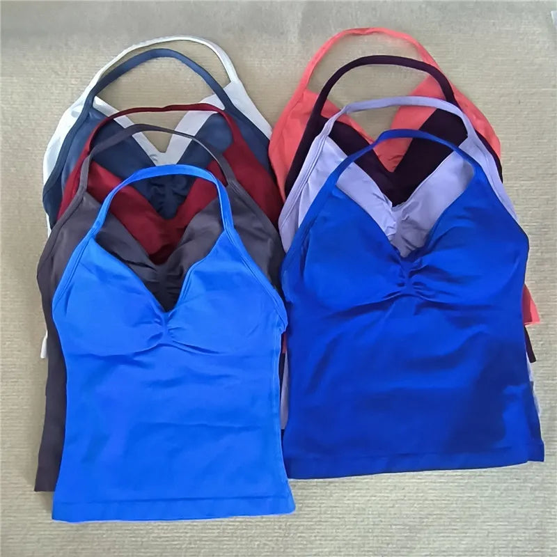 HBC Sexy V Neck Gym Tank Top Longline Strappy Vest Women Seamless Sports Running Tank Top Slim Fit Yoga Padded Workout