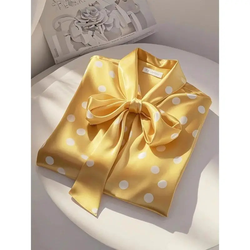 Women High Quality Satin Polka Dot Print Shirt Office Lady Business Casual Elegant Chic Blouse Lace-up Bow Long Sleeve Loose Top