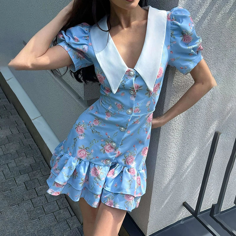 Tornova Print Puff Sleeves Ruffled Dress Women's V-Neck High Waist Pearl Buttons Mini Dress Female Casual Vacation Fashion Dress