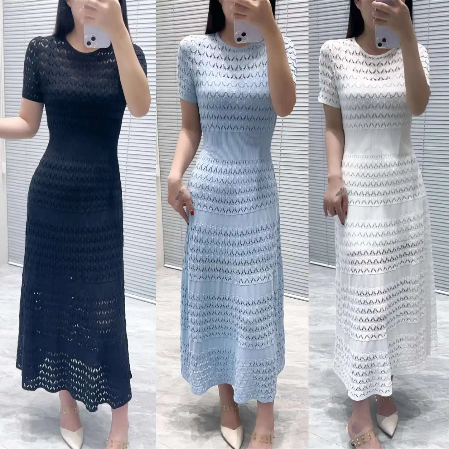 CHUJIE Women's 2025 Summer Lace Trim Dress Set - Round Neck Short Sleeve Midi Dress + Slip Dress 2 Piece Set (Rayon Nylon Blend)