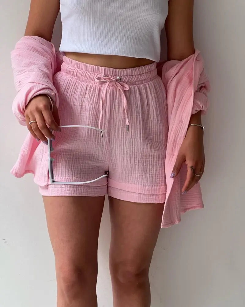 Solid Color Casual Loose Short Pants Sets For Women 2025 Elegant Summer Women's Two Pieces Suit Full Set Female Outfit Clothes